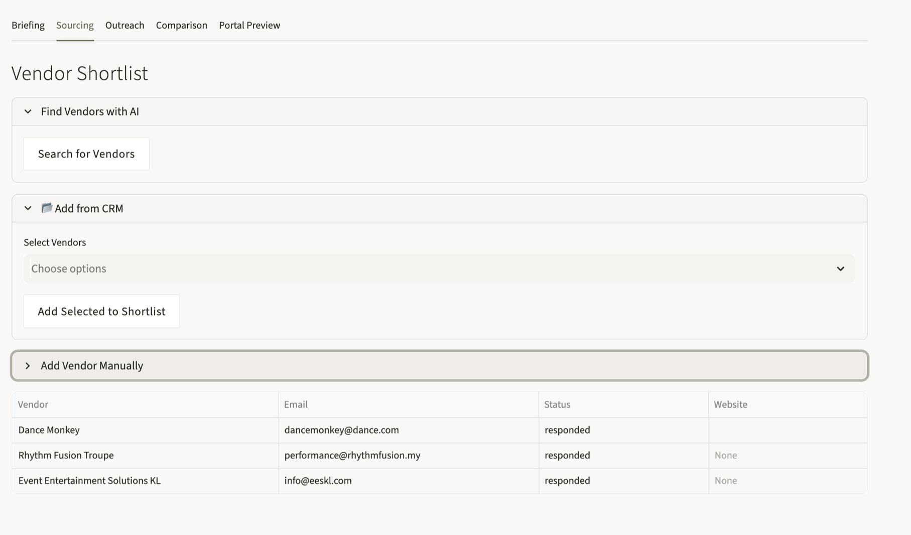 Procurement Automation - add your vendors or ask the system to source them for you.
